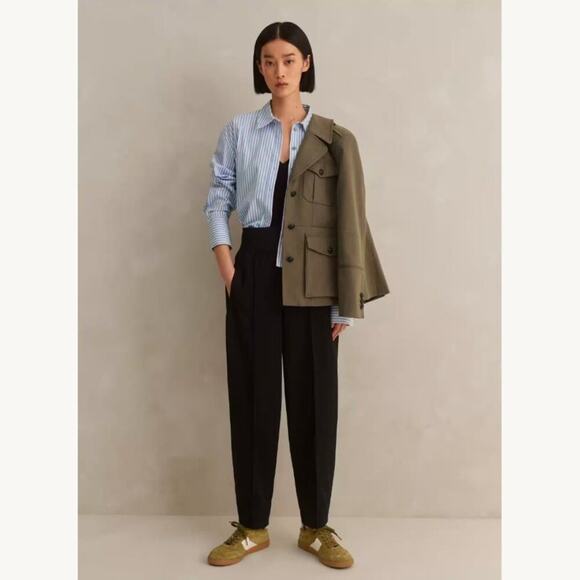 ME+EM Rib Waist Fluid Tapered Pants Black US 2  High Rise Barrel Leg - Picture 1 of 10